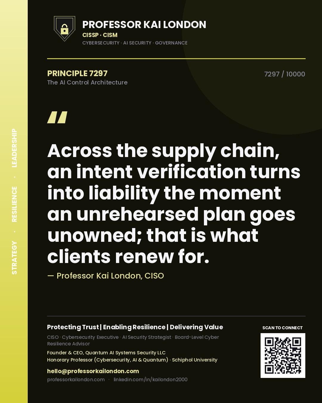 Quote card by Professor Kai London reading 'Across the supply chain, an intent verification turns into liability the moment an unrehearsed plan goes unowned; that is what clients renew for.'. From the book The AI Control Architecture.