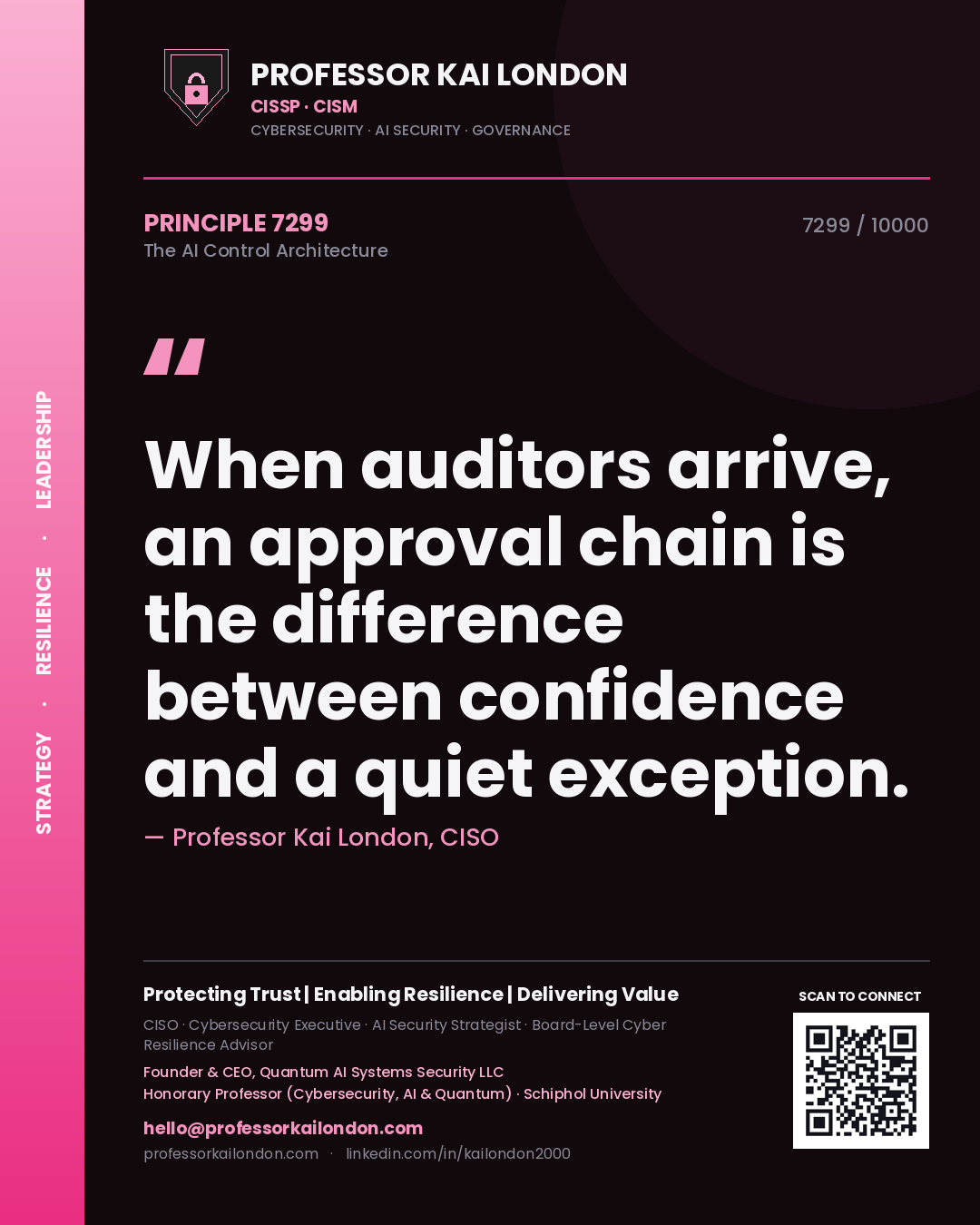 Quote card by Professor Kai London reading 'When auditors arrive, an approval chain is the difference between confidence and a quiet exception.'. From the book The AI Control Architecture.