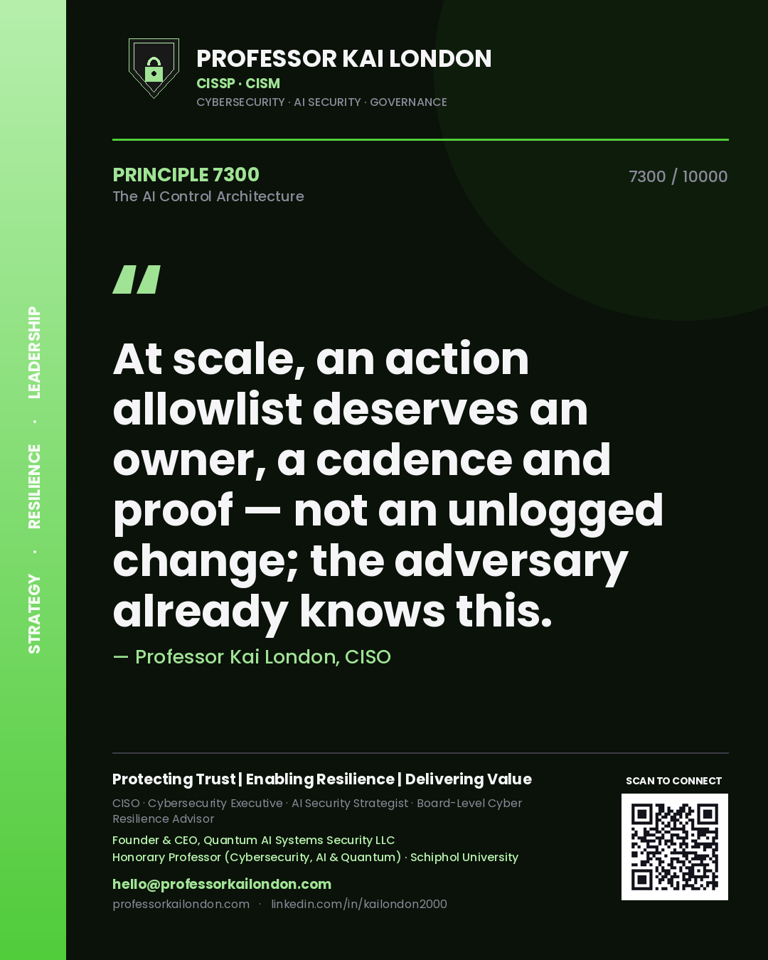 Professor Kai London principle 7300: At scale, an action allowlist deserves an owner, a cadence and proof — not an unlogged change; the adversary already knows this.