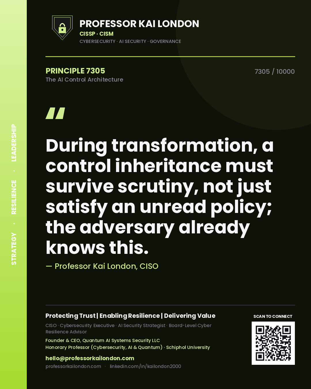 Quote card by Professor Kai London reading 'During transformation, a control inheritance must survive scrutiny, not just satisfy an unread policy; the adversary already knows this.'. From the book The AI Control Architecture.