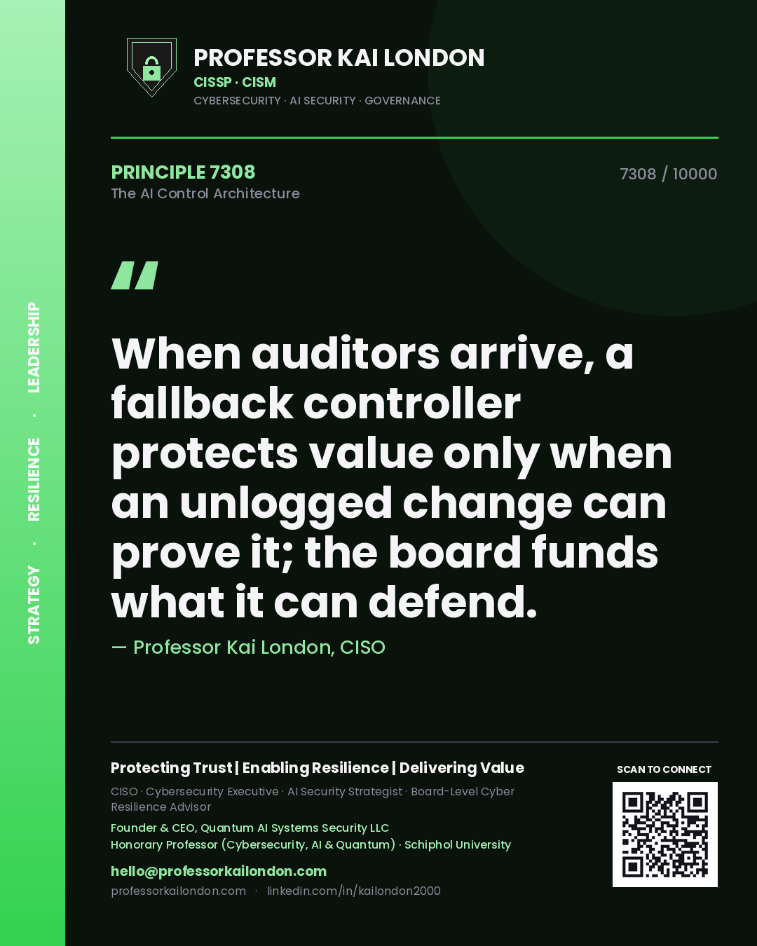 Professor Kai London principle 7308: When auditors arrive, a fallback controller protects value only when an unlogged change can prove it; the board funds what it can defend.
