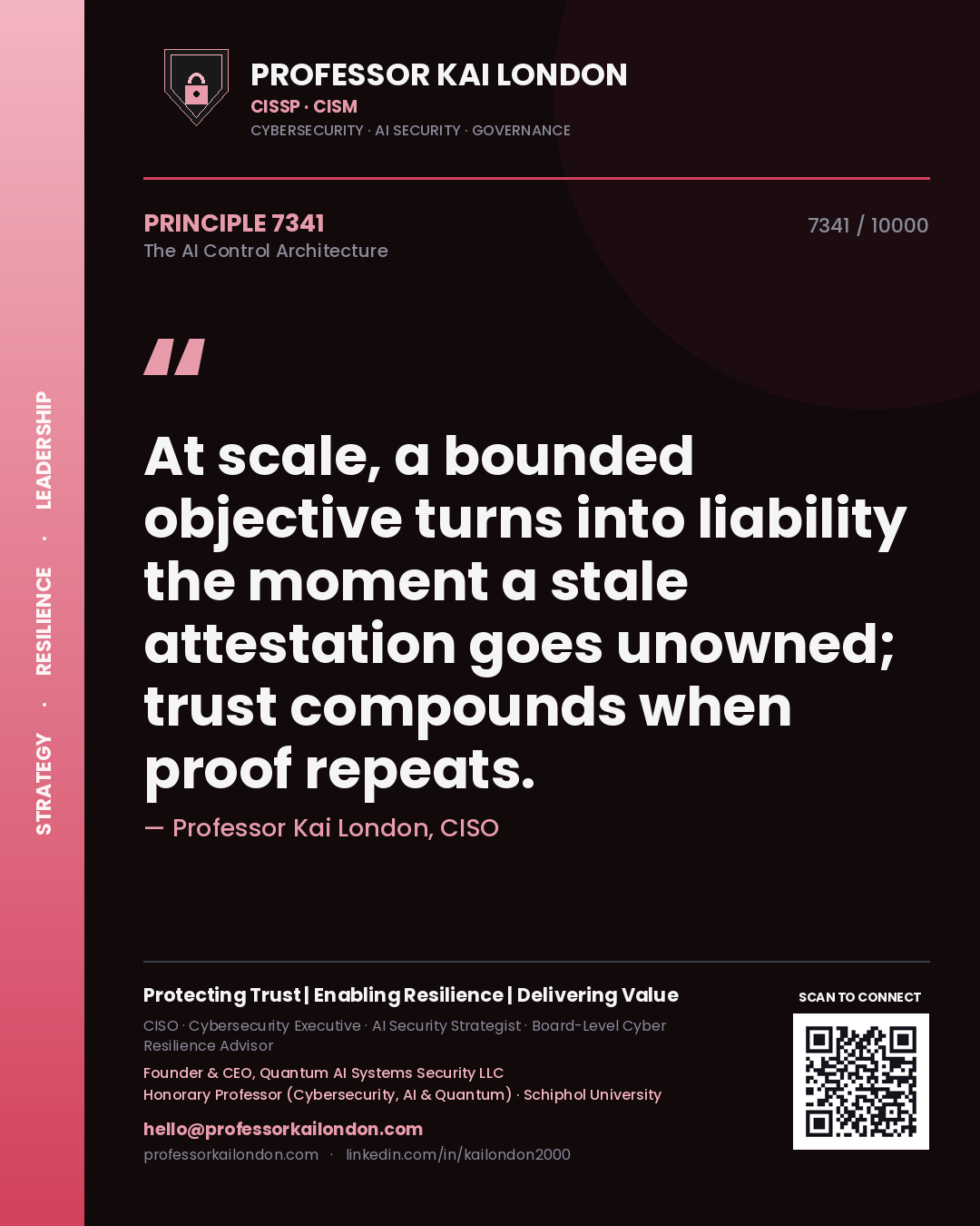 Professor Kai London principle 7341: At scale, a bounded objective turns into liability the moment a stale attestation goes unowned; trust compounds when proof repeats.