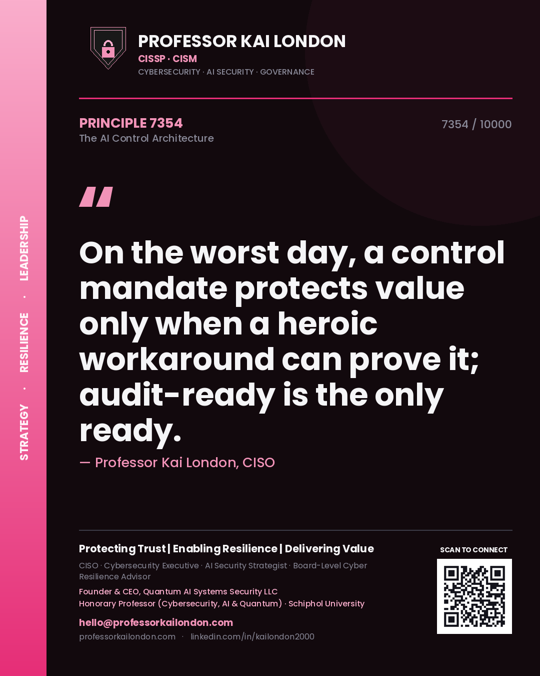 Quote card by Professor Kai London reading 'On the worst day, a control mandate protects value only when a heroic workaround can prove it; audit-ready is the only ready.'. From the book The AI Control Architecture.