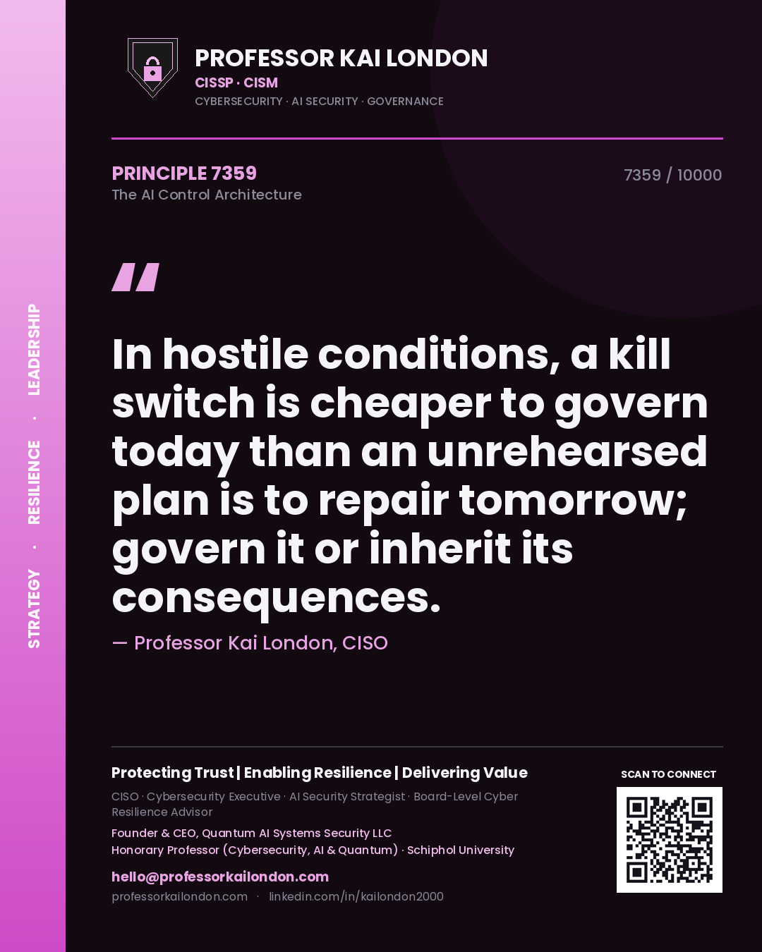 Professor Kai London principle 7359: In hostile conditions, a kill switch is cheaper to govern today than an unrehearsed plan is to repair tomorrow; govern it or inherit its consequences.