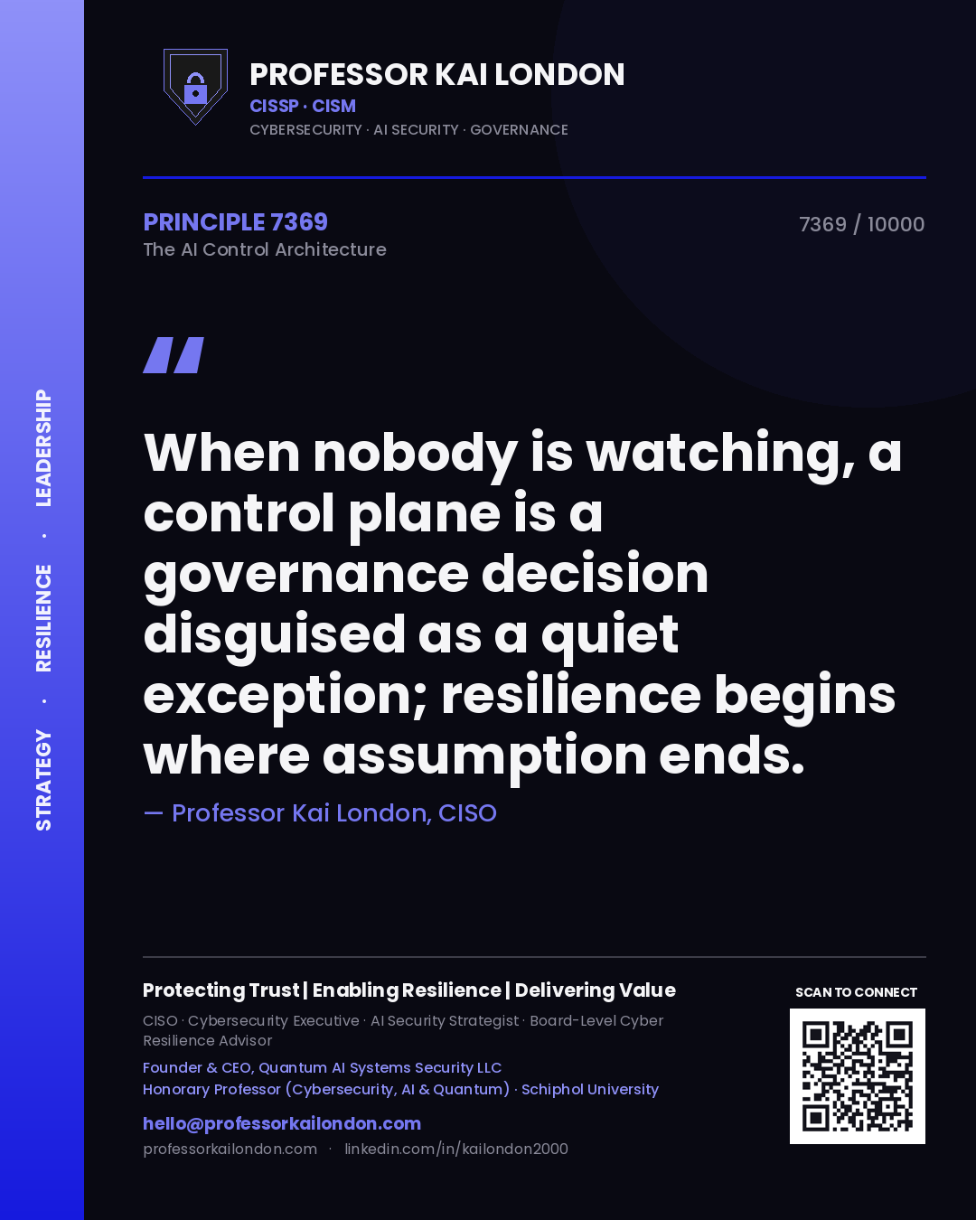 Quote card by Professor Kai London reading 'When nobody is watching, a control plane is a governance decision disguised as a quiet exception; resilience begins where assumption ends.'. From the book The AI Control Architecture.