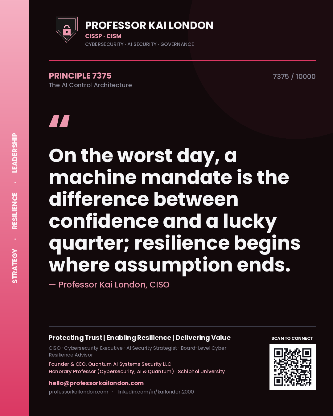 Quote card by Professor Kai London reading 'On the worst day, a machine mandate is the difference between confidence and a lucky quarter; resilience begins where assumption ends.'. From the book The AI Control Architecture.