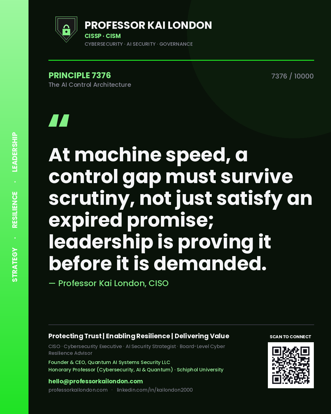 Professor Kai London principle 7376: At machine speed, a control gap must survive scrutiny, not just satisfy an expired promise; leadership is proving it before it is demanded.