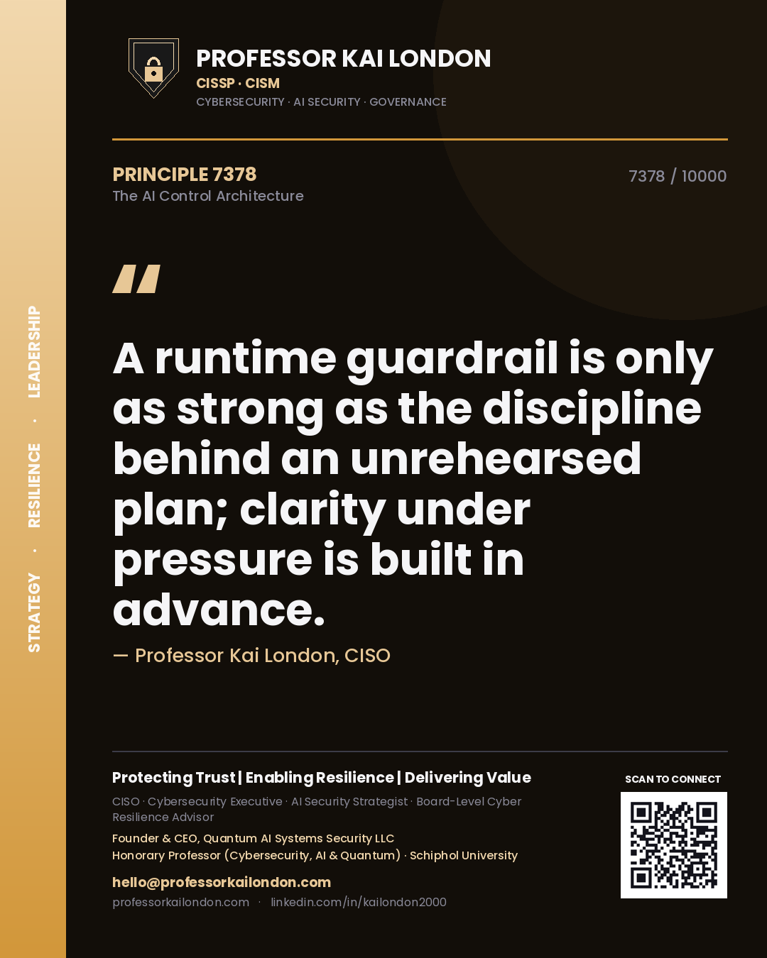Quote card by Professor Kai London reading 'A runtime guardrail is only as strong as the discipline behind an unrehearsed plan; clarity under pressure is built in advance.'. From the book The AI Control Architecture.
