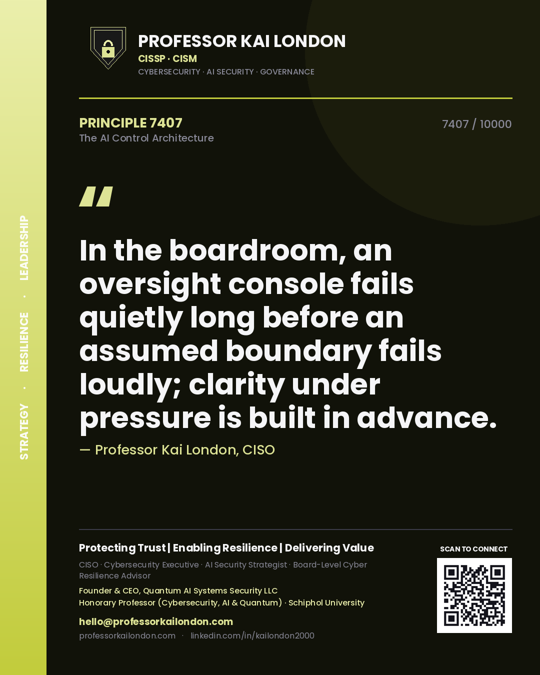 Professor Kai London principle 7407: In the boardroom, an oversight console fails quietly long before an assumed boundary fails loudly; clarity under pressure is built in advance.