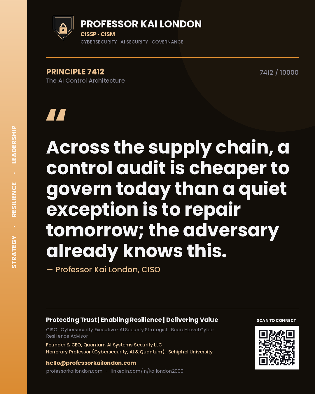 Quote card by Professor Kai London reading 'Across the supply chain, a control audit is cheaper to govern today than a quiet exception is to repair tomorrow; the adversary already knows this.'. From the book The AI Control Architecture.