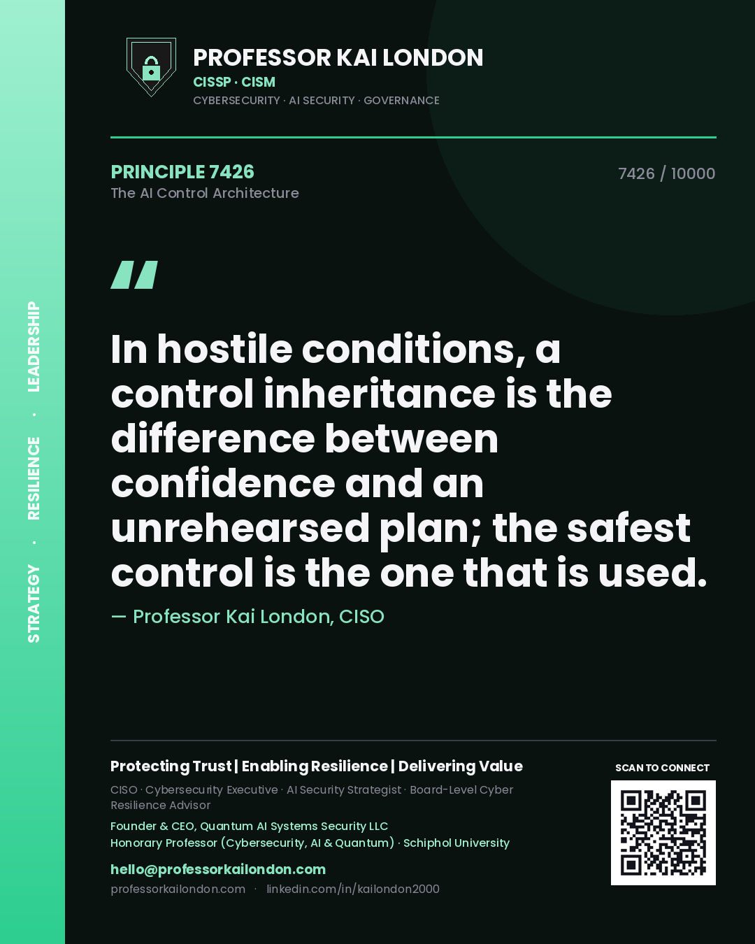 Quote card by Professor Kai London reading 'In hostile conditions, a control inheritance is the difference between confidence and an unrehearsed plan; the safest control is the one that is used.'. From the book The AI Control Architecture.