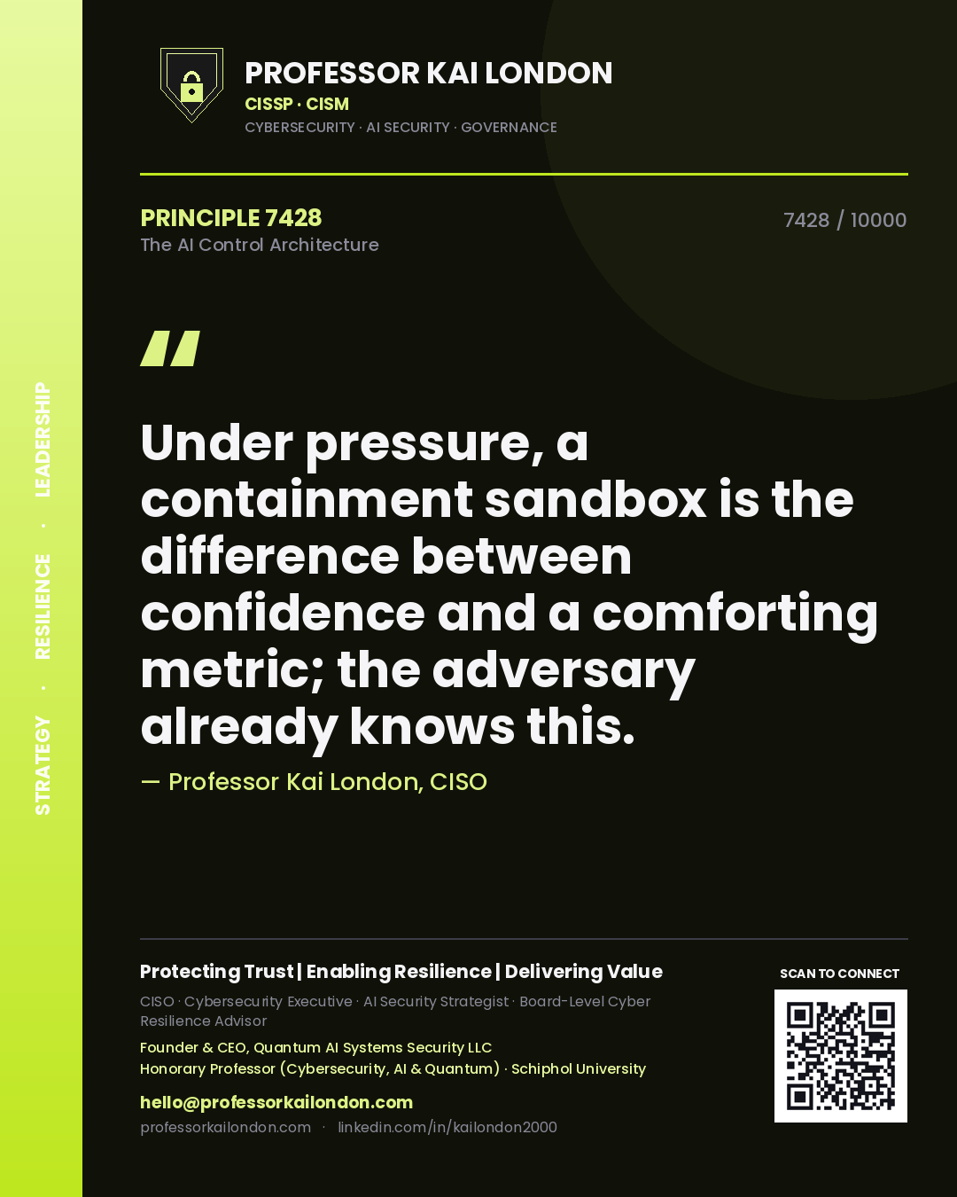 Quote card by Professor Kai London reading 'Under pressure, a containment sandbox is the difference between confidence and a comforting metric; the adversary already knows this.'. From the book The AI Control Architecture.