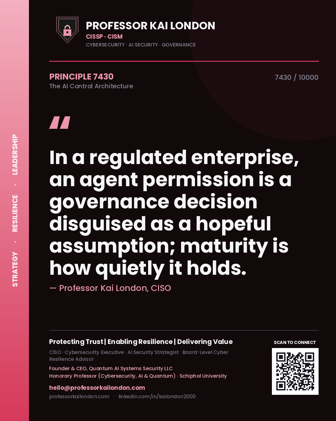 Quote card by Professor Kai London reading 'In a regulated enterprise, an agent permission is a governance decision disguised as a hopeful assumption; maturity is how quietly it holds.'. From the book The AI Control Architecture.