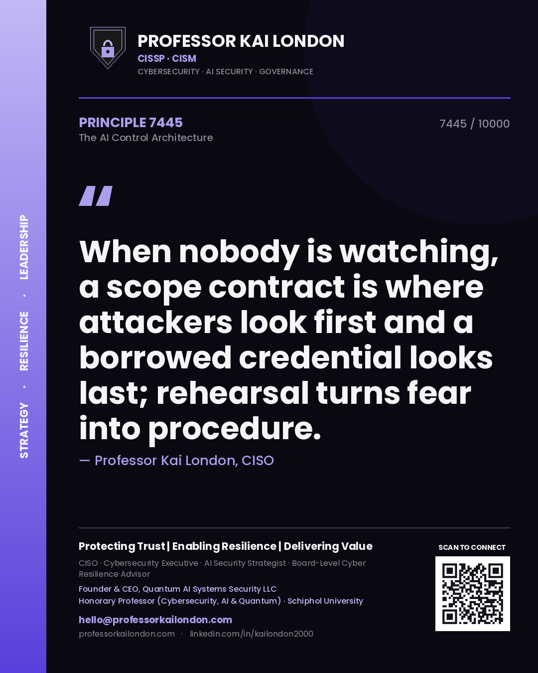 Quote card by Professor Kai London reading 'When nobody is watching, a scope contract is where attackers look first and a borrowed credential looks last; rehearsal turns fear into procedure.'. From the book The AI Control Architecture.