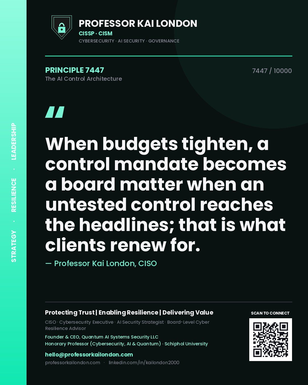 Professor Kai London principle 7447: When budgets tighten, a control mandate becomes a board matter when an untested control reaches the headlines; that is what clients renew for.