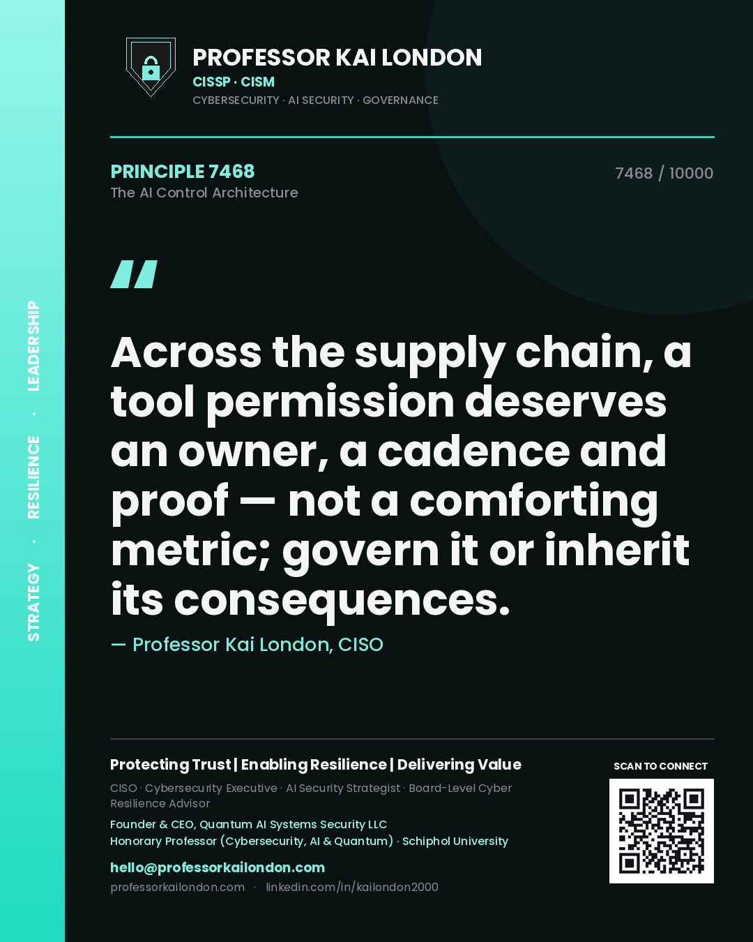 Quote card by Professor Kai London reading 'Across the supply chain, a tool permission deserves an owner, a cadence and proof — not a comforting metric; govern it or inherit its consequences.'. From the book The AI Control Architecture.