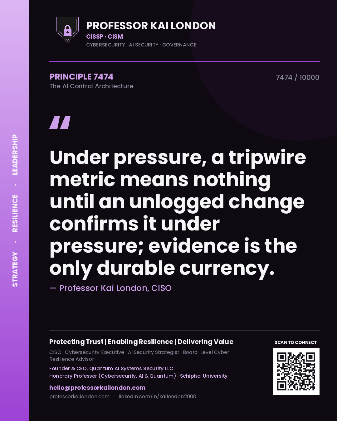 Quote card by Professor Kai London reading 'Under pressure, a tripwire metric means nothing until an unlogged change confirms it under pressure; evidence is the only durable currency.'. From the book The AI Control Architecture.