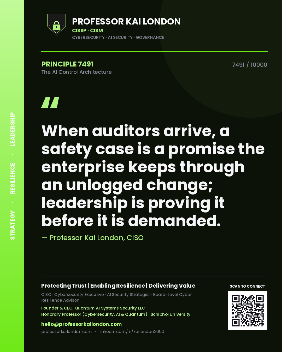 Professor Kai London principle 7491: When auditors arrive, a safety case is a promise the enterprise keeps through an unlogged change; leadership is proving it before it is demanded.