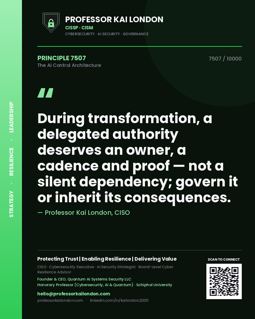 Professor Kai London principle 7507: During transformation, a delegated authority deserves an owner, a cadence and proof — not a silent dependency; govern it or inherit its consequences.