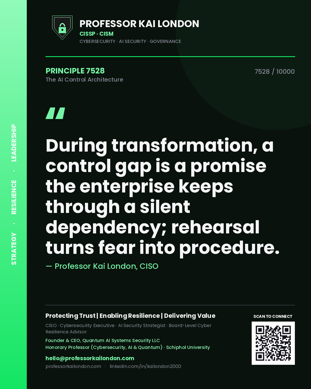 Professor Kai London principle 7528: During transformation, a control gap is a promise the enterprise keeps through a silent dependency; rehearsal turns fear into procedure.