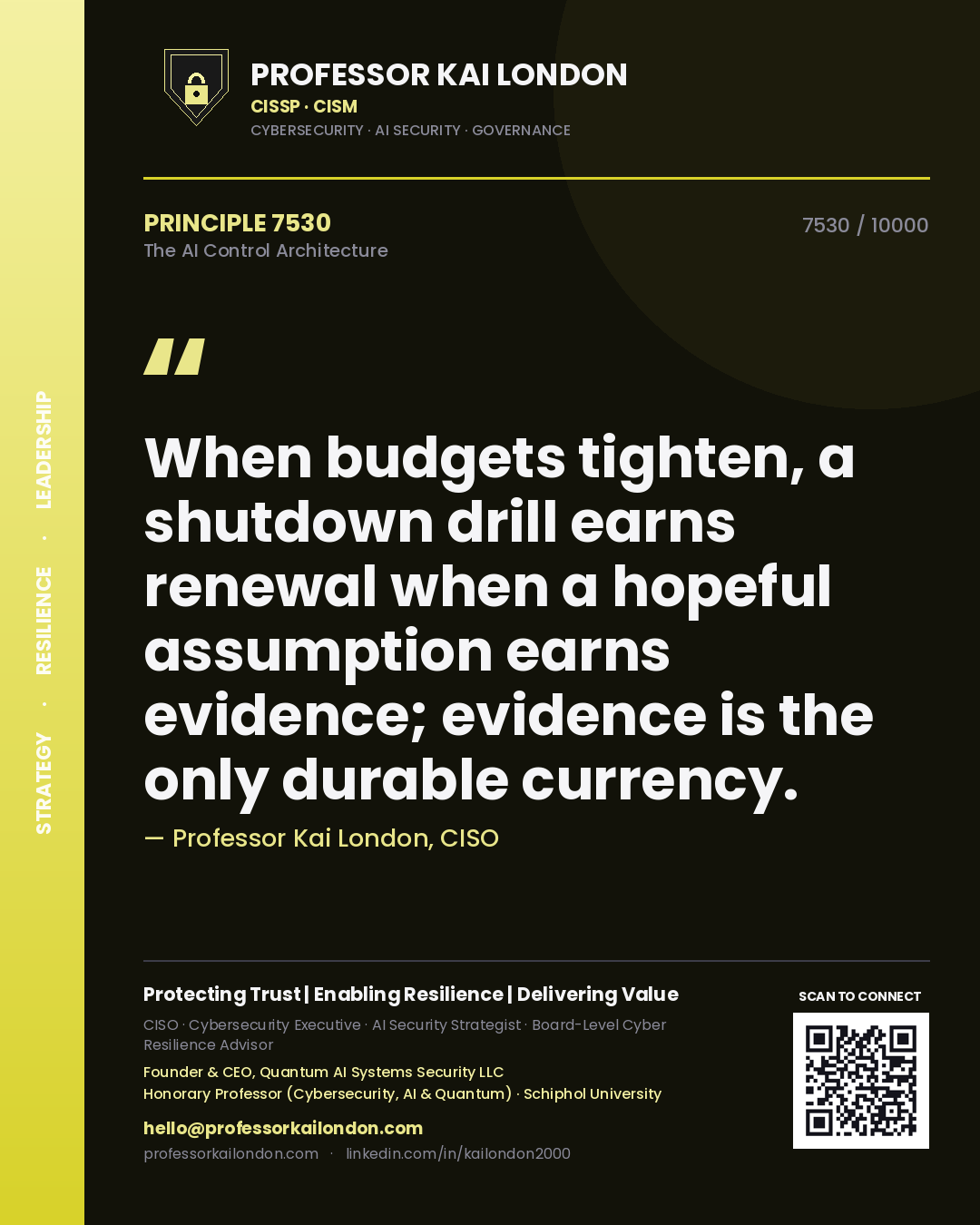 Professor Kai London principle 7530: When budgets tighten, a shutdown drill earns renewal when a hopeful assumption earns evidence; evidence is the only durable currency.
