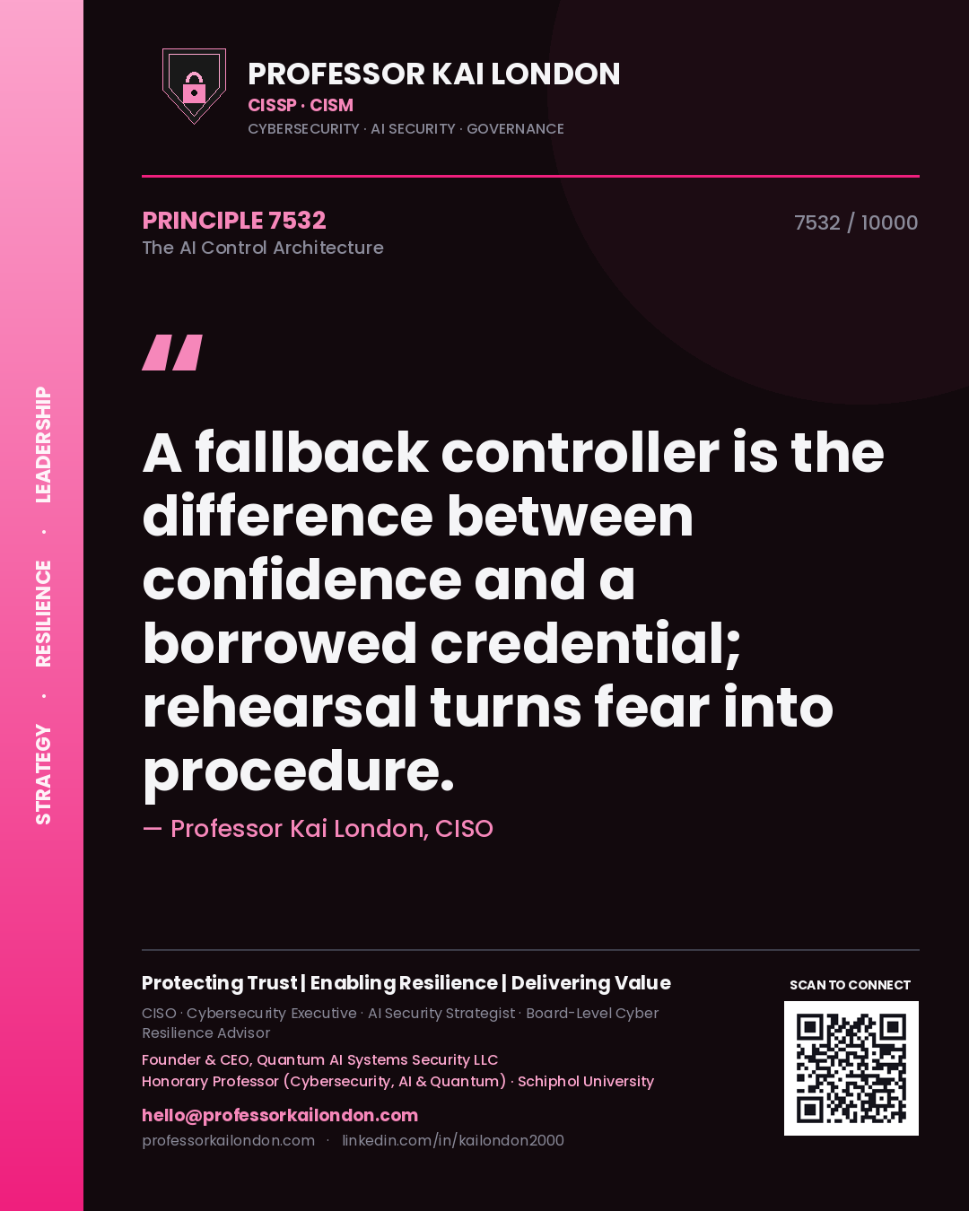 Quote card by Professor Kai London reading 'A fallback controller is the difference between confidence and a borrowed credential; rehearsal turns fear into procedure.'. From the book The AI Control Architecture.