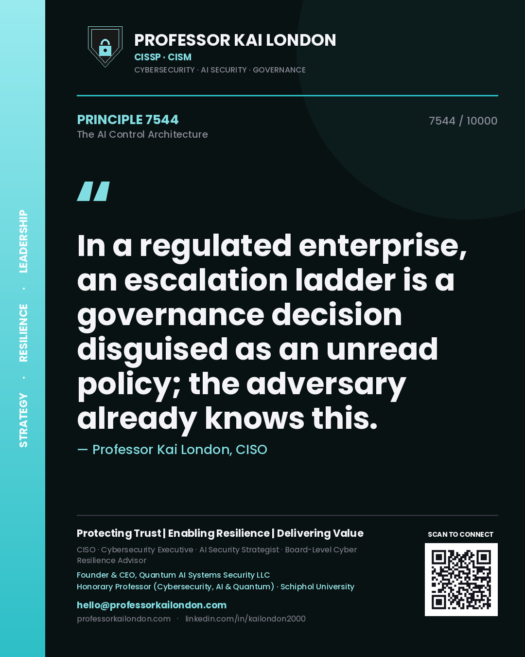 Quote card by Professor Kai London reading 'In a regulated enterprise, an escalation ladder is a governance decision disguised as an unread policy; the adversary already knows this.'. From the book The AI Control Architecture.