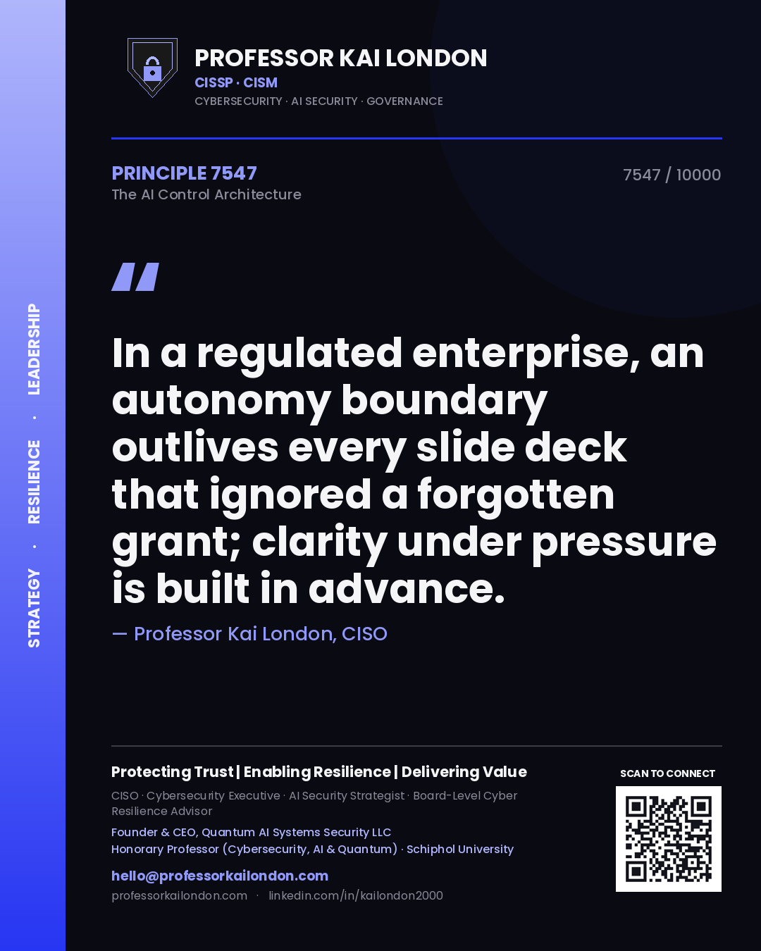 Professor Kai London principle 7547: In a regulated enterprise, an autonomy boundary outlives every slide deck that ignored a forgotten grant; clarity under pressure is built in advance.