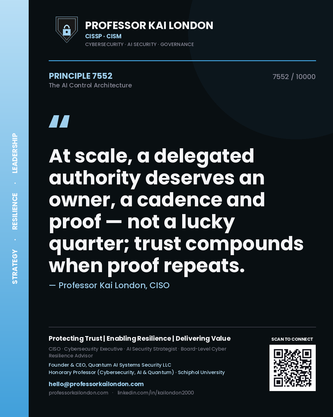 Quote card by Professor Kai London reading 'At scale, a delegated authority deserves an owner, a cadence and proof — not a lucky quarter; trust compounds when proof repeats.'. From the book The AI Control Architecture.