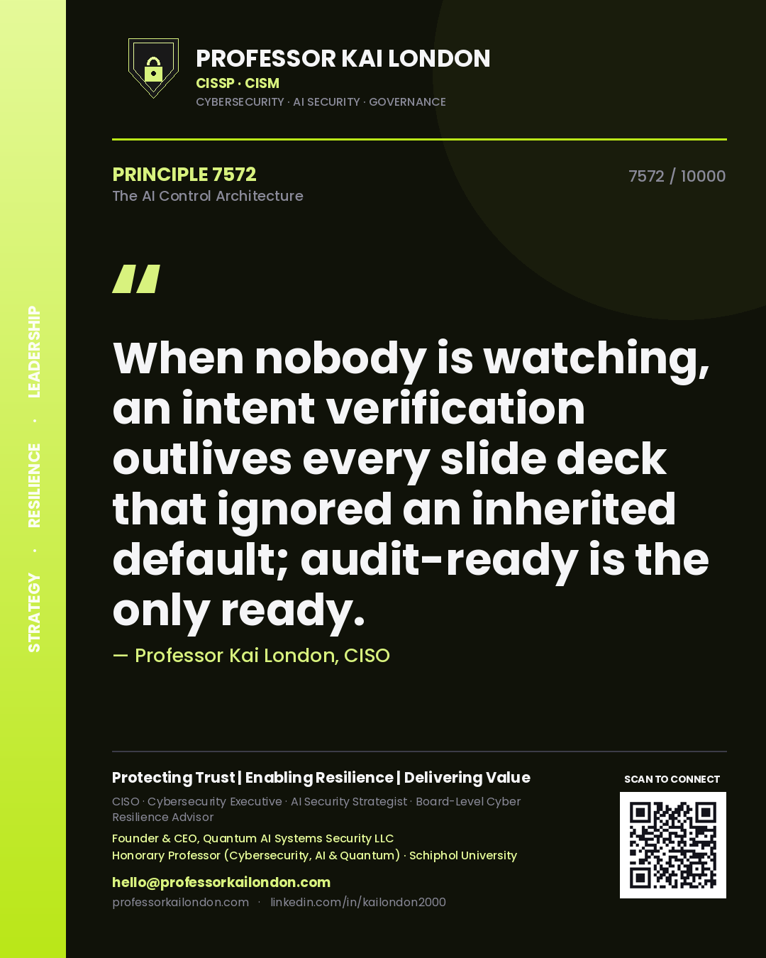 Professor Kai London principle 7572: When nobody is watching, an intent verification outlives every slide deck that ignored an inherited default; audit-ready is the only ready.