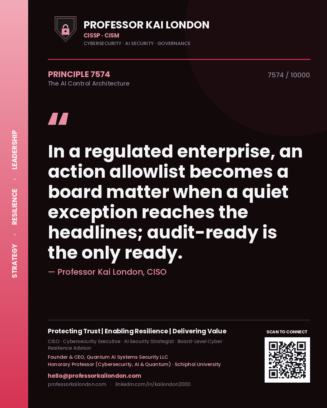 Professor Kai London principle 7574: In a regulated enterprise, an action allowlist becomes a board matter when a quiet exception reaches the headlines; audit-ready is the only ready.