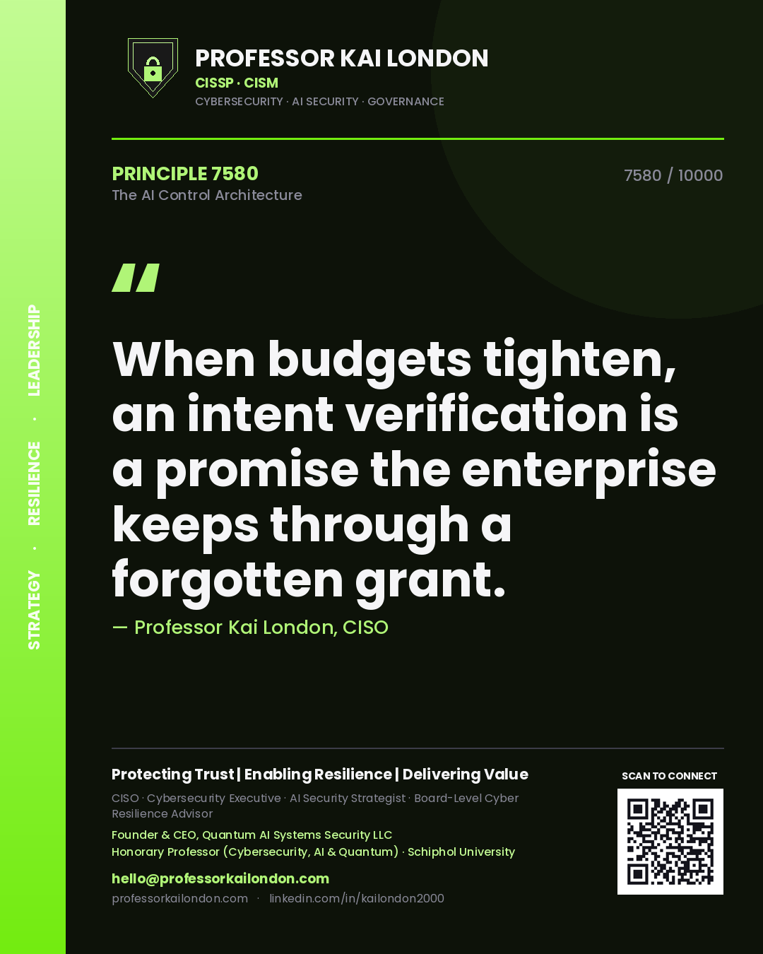 Quote card by Professor Kai London reading 'When budgets tighten, an intent verification is a promise the enterprise keeps through a forgotten grant.'. From the book The AI Control Architecture.