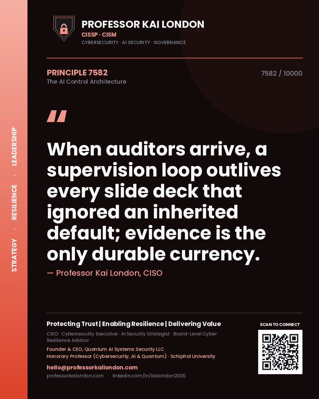 Quote card by Professor Kai London reading 'When auditors arrive, a supervision loop outlives every slide deck that ignored an inherited default; evidence is the only durable currency.'. From the book The AI Control Architecture.