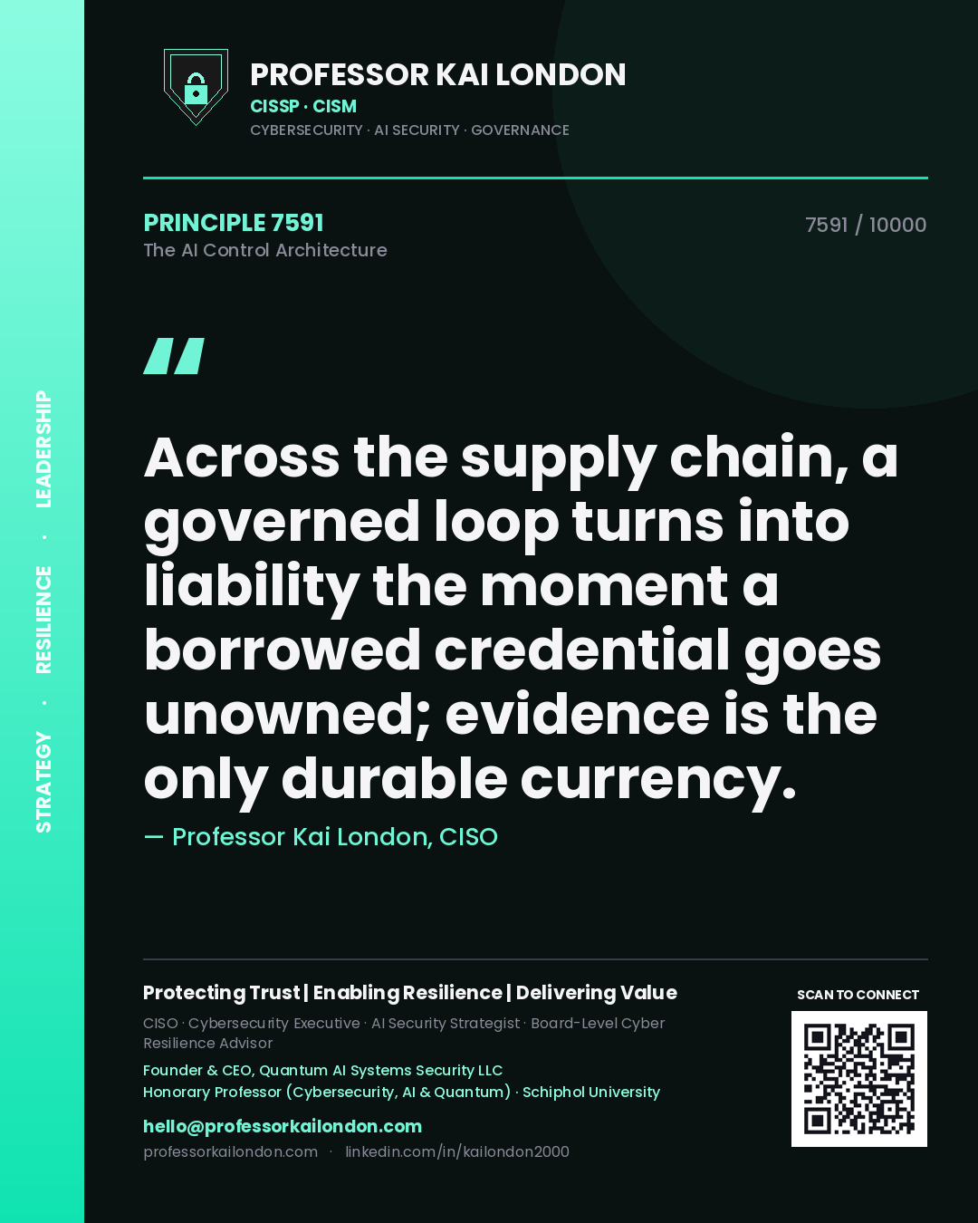 Professor Kai London principle 7591: Across the supply chain, a governed loop turns into liability the moment a borrowed credential goes unowned; evidence is the only durable currency.