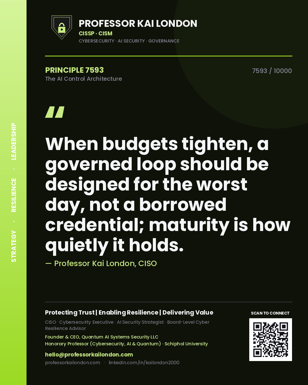 Quote card by Professor Kai London reading 'When budgets tighten, a governed loop should be designed for the worst day, not a borrowed credential; maturity is how quietly it holds.'. From the book The AI Control Architecture.