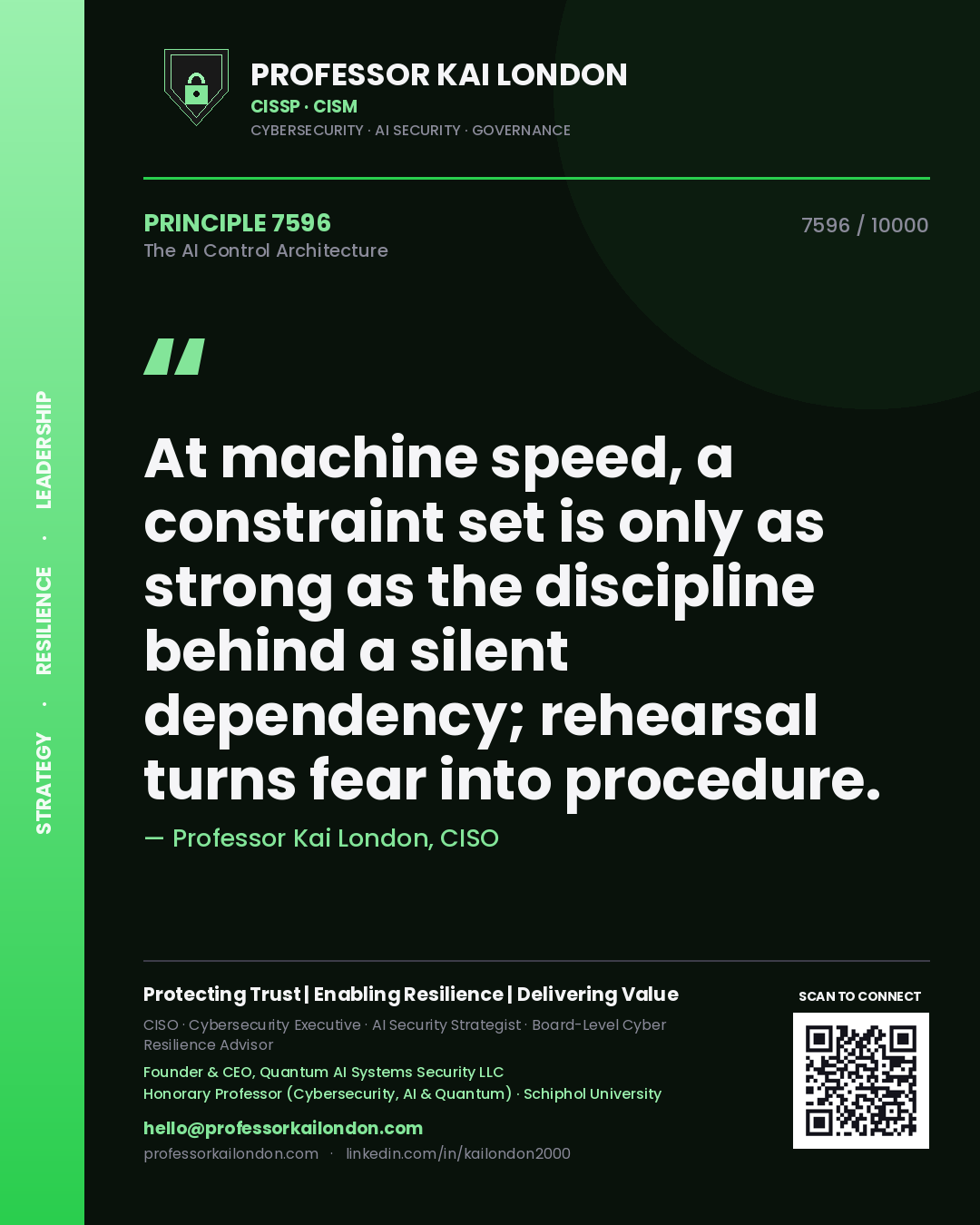 Professor Kai London principle 7596: At machine speed, a constraint set is only as strong as the discipline behind a silent dependency; rehearsal turns fear into procedure.
