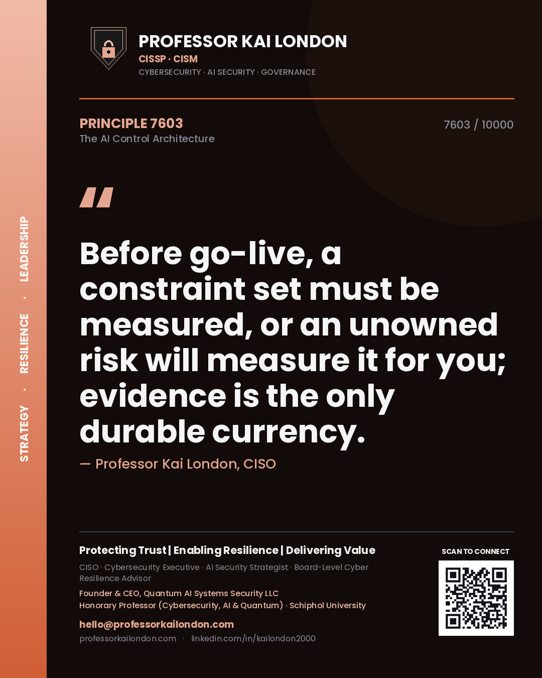Professor Kai London principle 7603: Before go-live, a constraint set must be measured, or an unowned risk will measure it for you; evidence is the only durable currency.