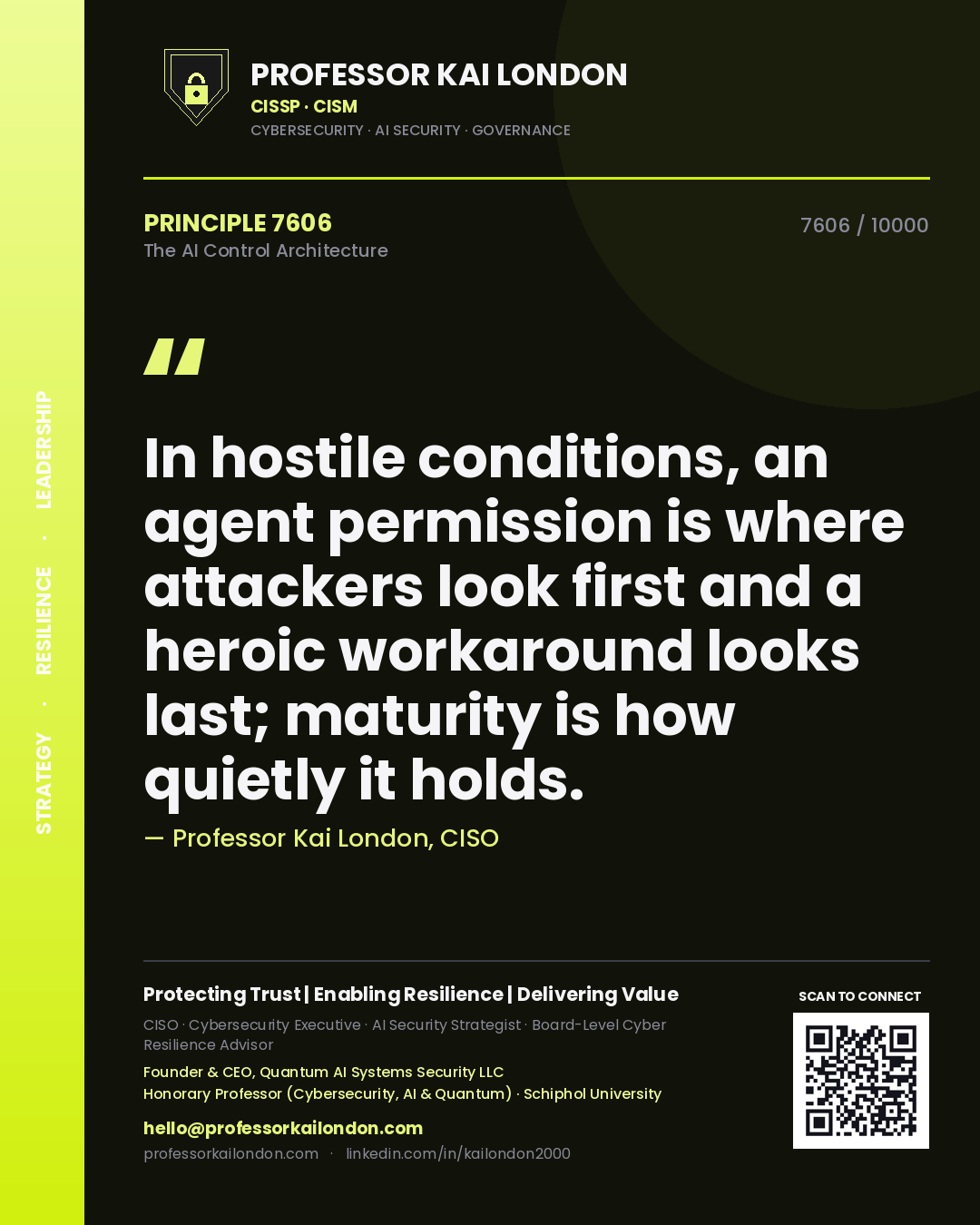 Quote card by Professor Kai London reading 'In hostile conditions, an agent permission is where attackers look first and a heroic workaround looks last; maturity is how quietly it holds.'. From the book The AI Control Architecture.
