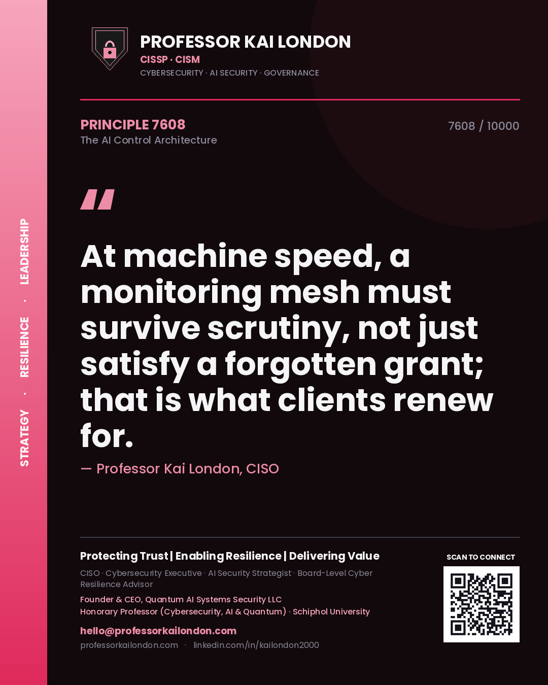 Quote card by Professor Kai London reading 'At machine speed, a monitoring mesh must survive scrutiny, not just satisfy a forgotten grant; that is what clients renew for.'. From the book The AI Control Architecture.
