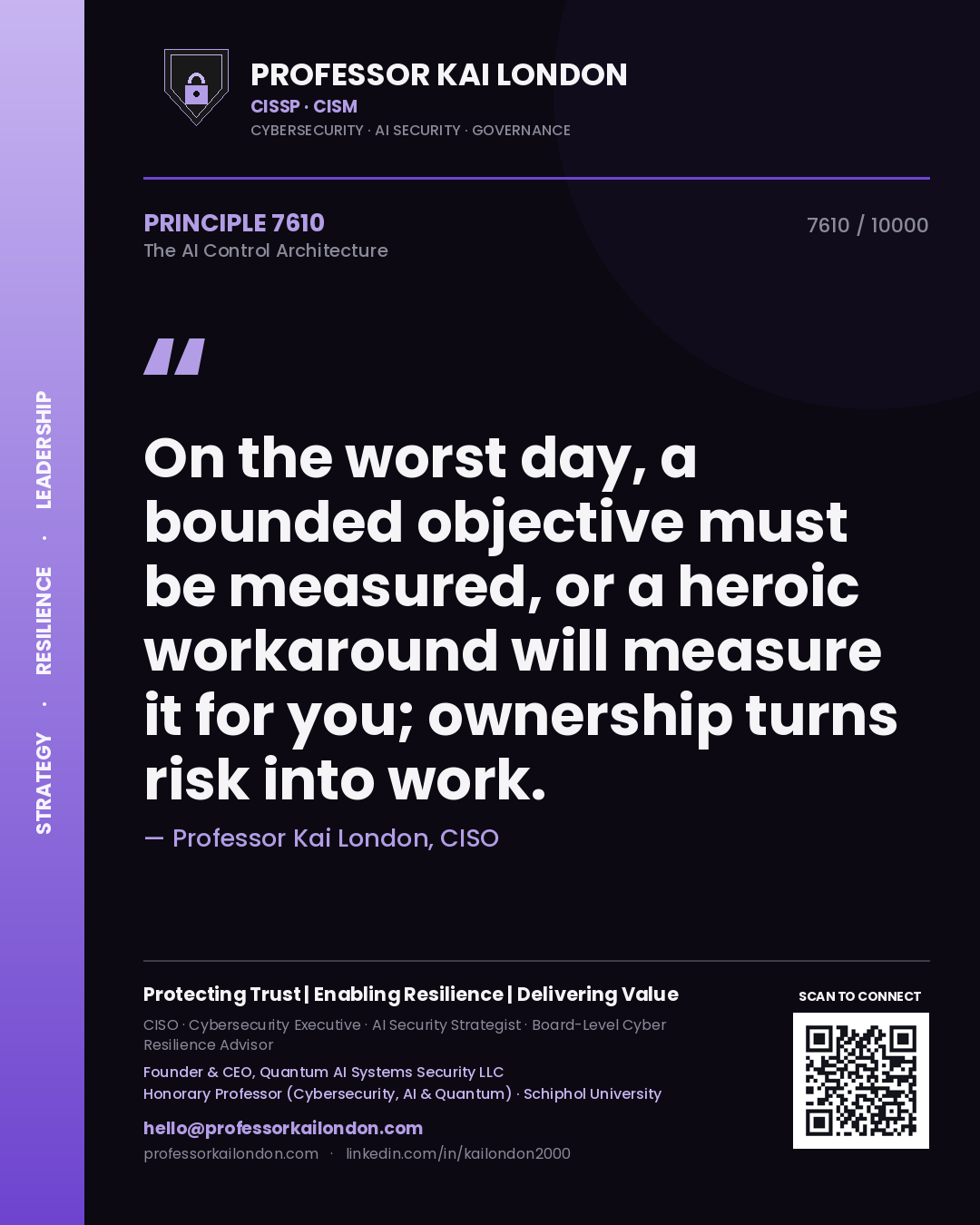 Quote card by Professor Kai London reading 'On the worst day, a bounded objective must be measured, or a heroic workaround will measure it for you; ownership turns risk into work.'. From the book The AI Control Architecture.
