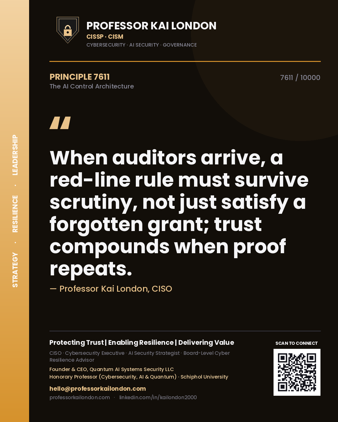 Quote card by Professor Kai London reading 'When auditors arrive, a red-line rule must survive scrutiny, not just satisfy a forgotten grant; trust compounds when proof repeats.'. From the book The AI Control Architecture.