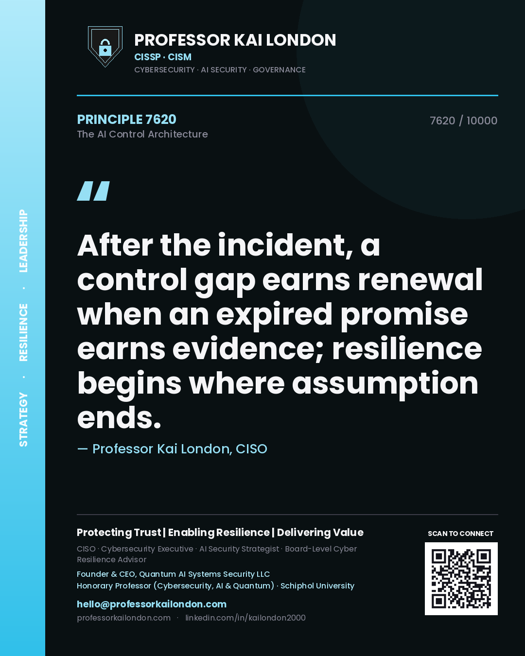 Professor Kai London principle 7620: After the incident, a control gap earns renewal when an expired promise earns evidence; resilience begins where assumption ends.