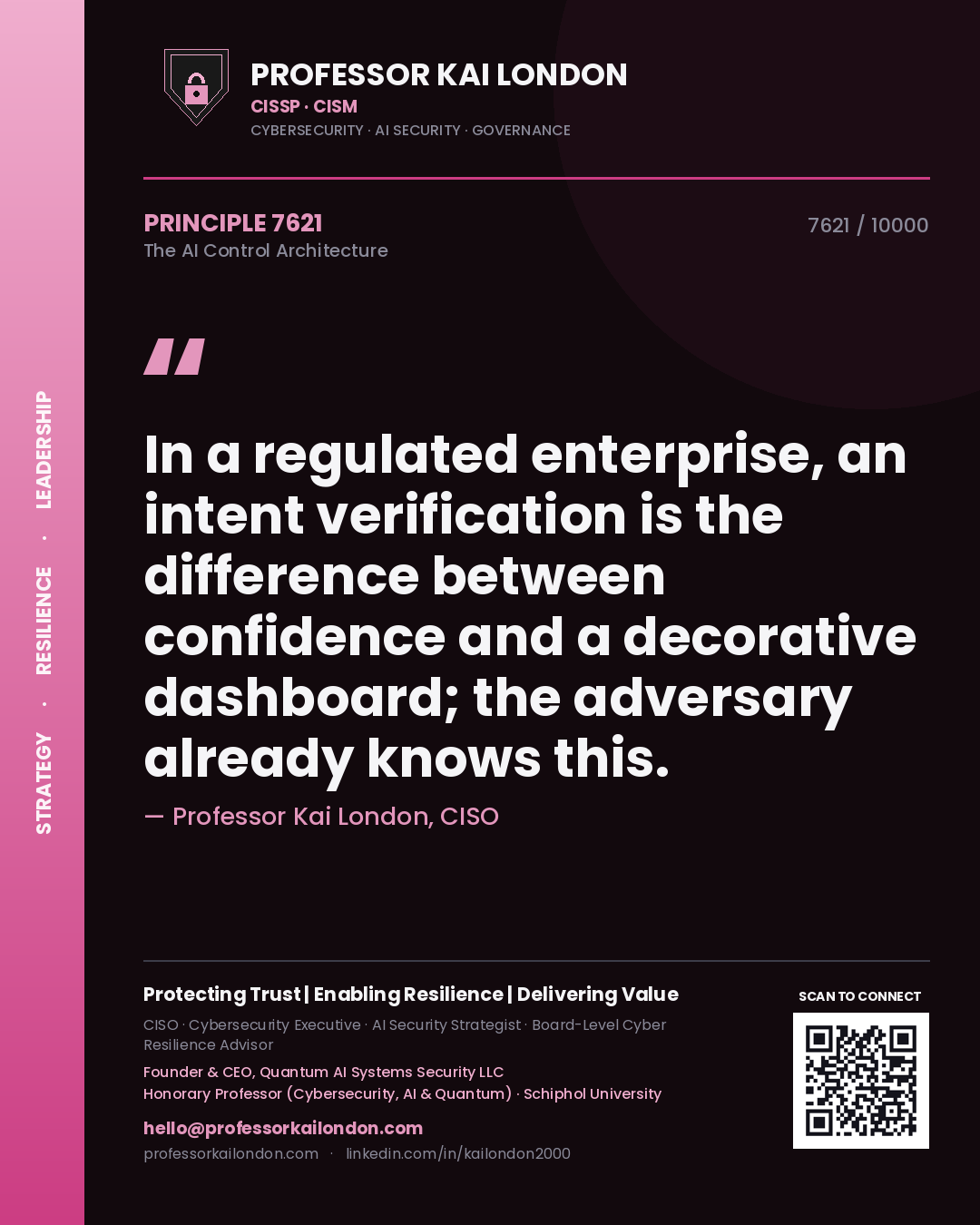Quote card by Professor Kai London reading 'In a regulated enterprise, an intent verification is the difference between confidence and a decorative dashboard; the adversary already knows this.'. From the book The AI Control Architecture.