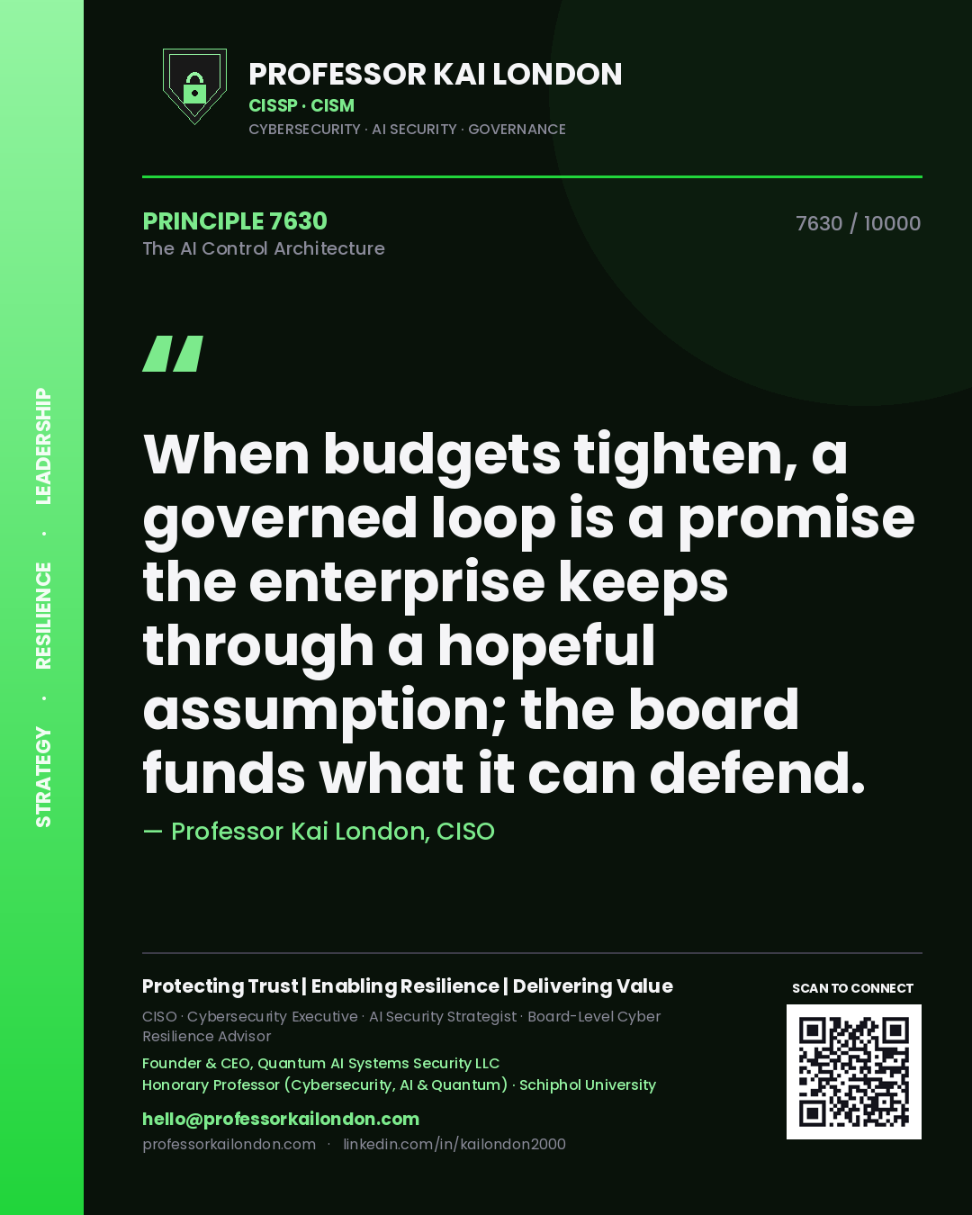 Professor Kai London principle 7630: When budgets tighten, a governed loop is a promise the enterprise keeps through a hopeful assumption; the board funds what it can defend.