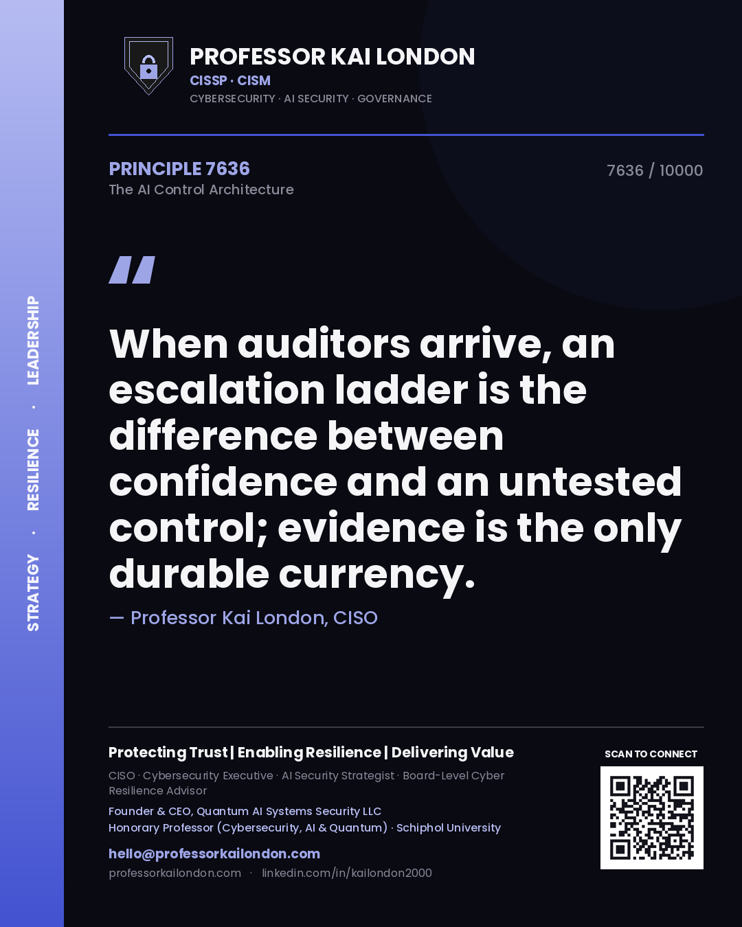 Professor Kai London principle 7636: When auditors arrive, an escalation ladder is the difference between confidence and an untested control; evidence is the only durable currency.