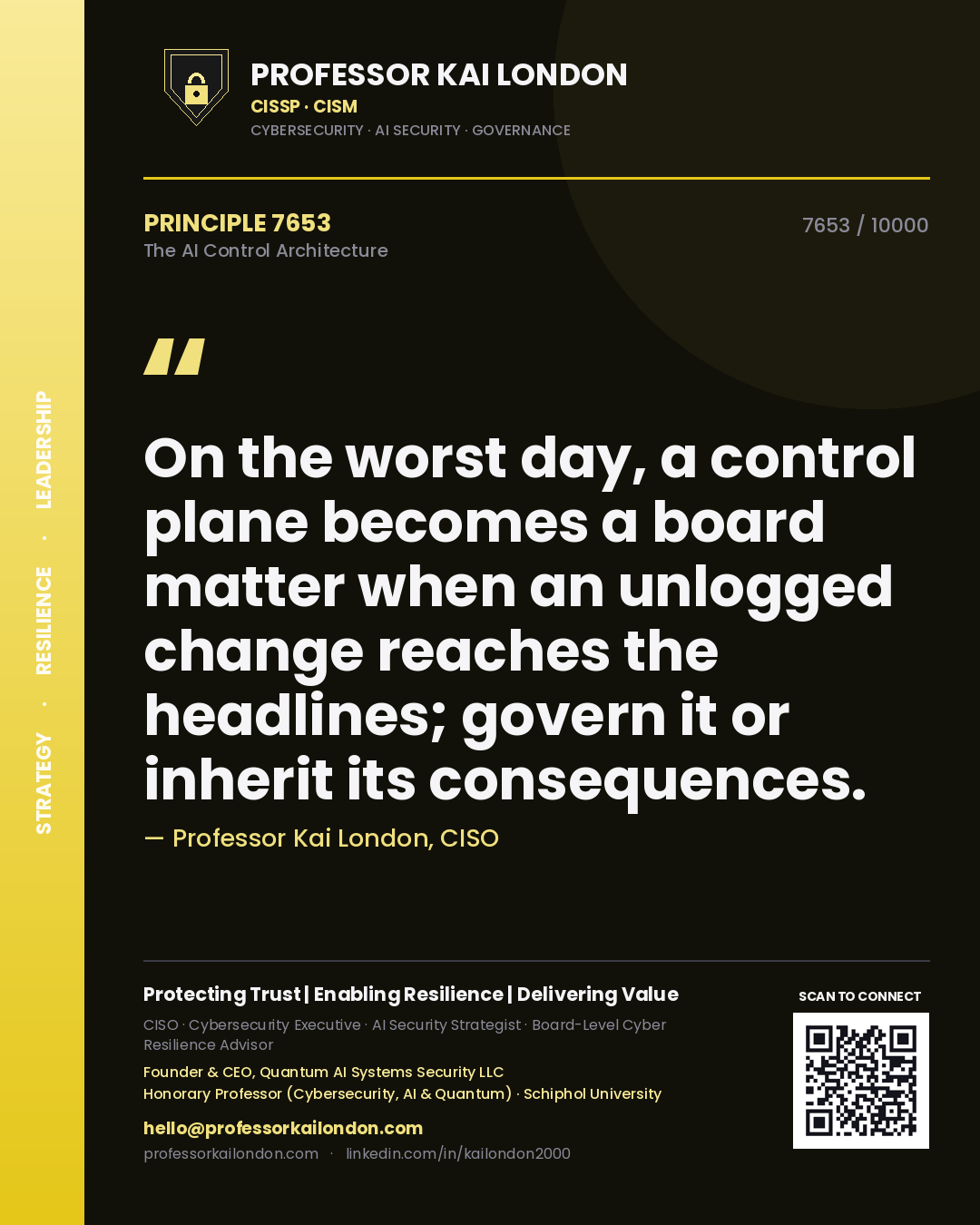 Quote card by Professor Kai London reading 'On the worst day, a control plane becomes a board matter when an unlogged change reaches the headlines; govern it or inherit its consequences.'. From the book The AI Control Architecture.