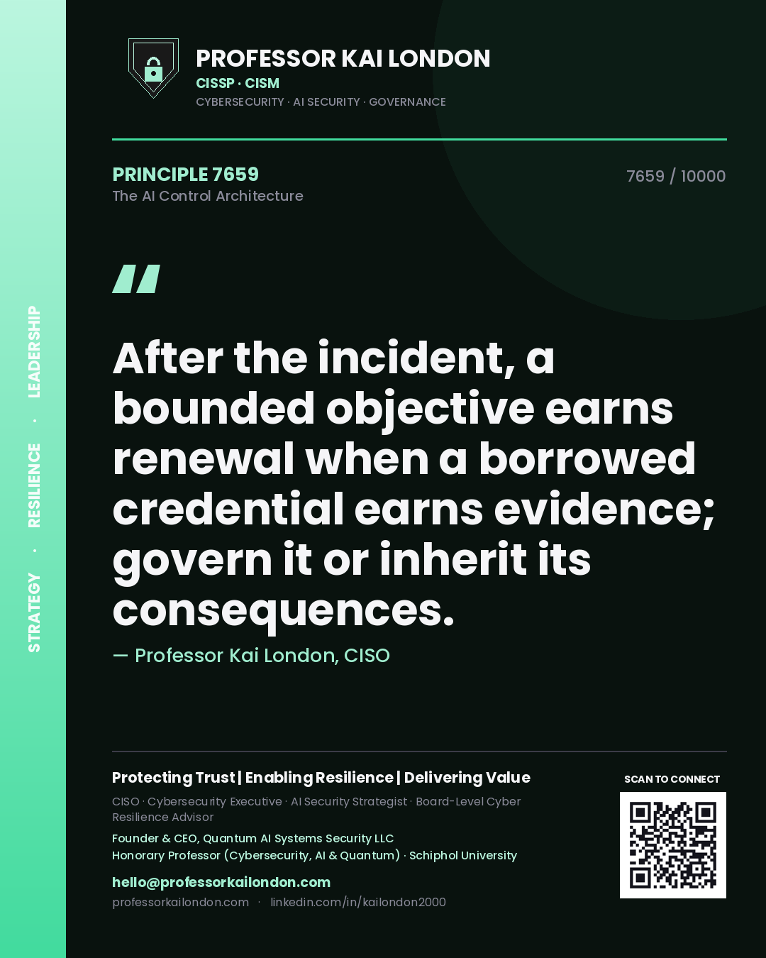 Quote card by Professor Kai London reading 'After the incident, a bounded objective earns renewal when a borrowed credential earns evidence; govern it or inherit its consequences.'. From the book The AI Control Architecture.