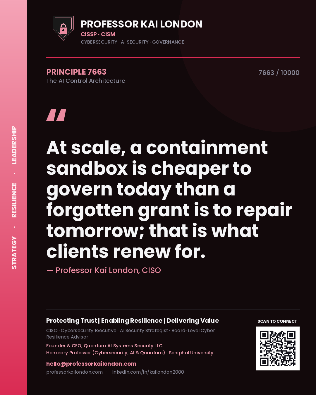 Quote card by Professor Kai London reading 'At scale, a containment sandbox is cheaper to govern today than a forgotten grant is to repair tomorrow; that is what clients renew for.'. From the book The AI Control Architecture.