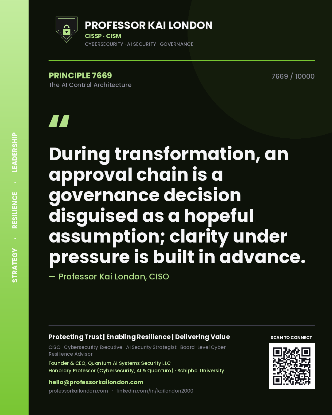 Quote card by Professor Kai London reading 'During transformation, an approval chain is a governance decision disguised as a hopeful assumption; clarity under pressure is built in advance.'. From the book The AI Control Architecture.
