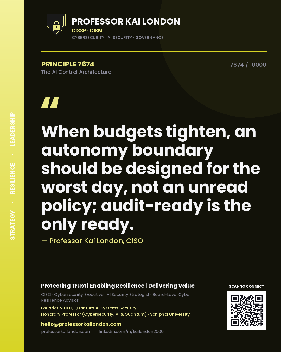 Quote card by Professor Kai London reading 'When budgets tighten, an autonomy boundary should be designed for the worst day, not an unread policy; audit-ready is the only ready.'. From the book The AI Control Architecture.